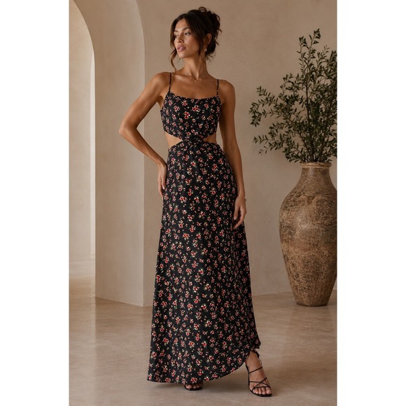 Vici Dresses & Skirts - VICI Black Floral Cutout Maxi Dress Smocked Back Satin Finish Luxe Glam Medium